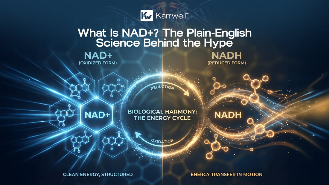 A side-by-side scientific comparison showing the blue glowing molecular structure of NAD+ (oxidized form) and the orange glowing molecular structure of NADH (reduced form) on a dark background with the Karrwell logo