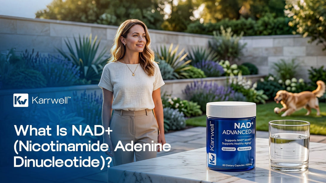 A woman taking a Karrwell NAD+ Advanced supplement with a glass of water on a sunlit patio, featuring a blue supplement bottle on a stone table.
