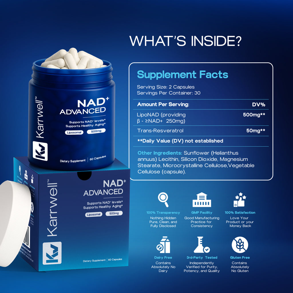 Karrwell NAD+ Advanced 500MG Liposomal NAD+ with Resveratrol